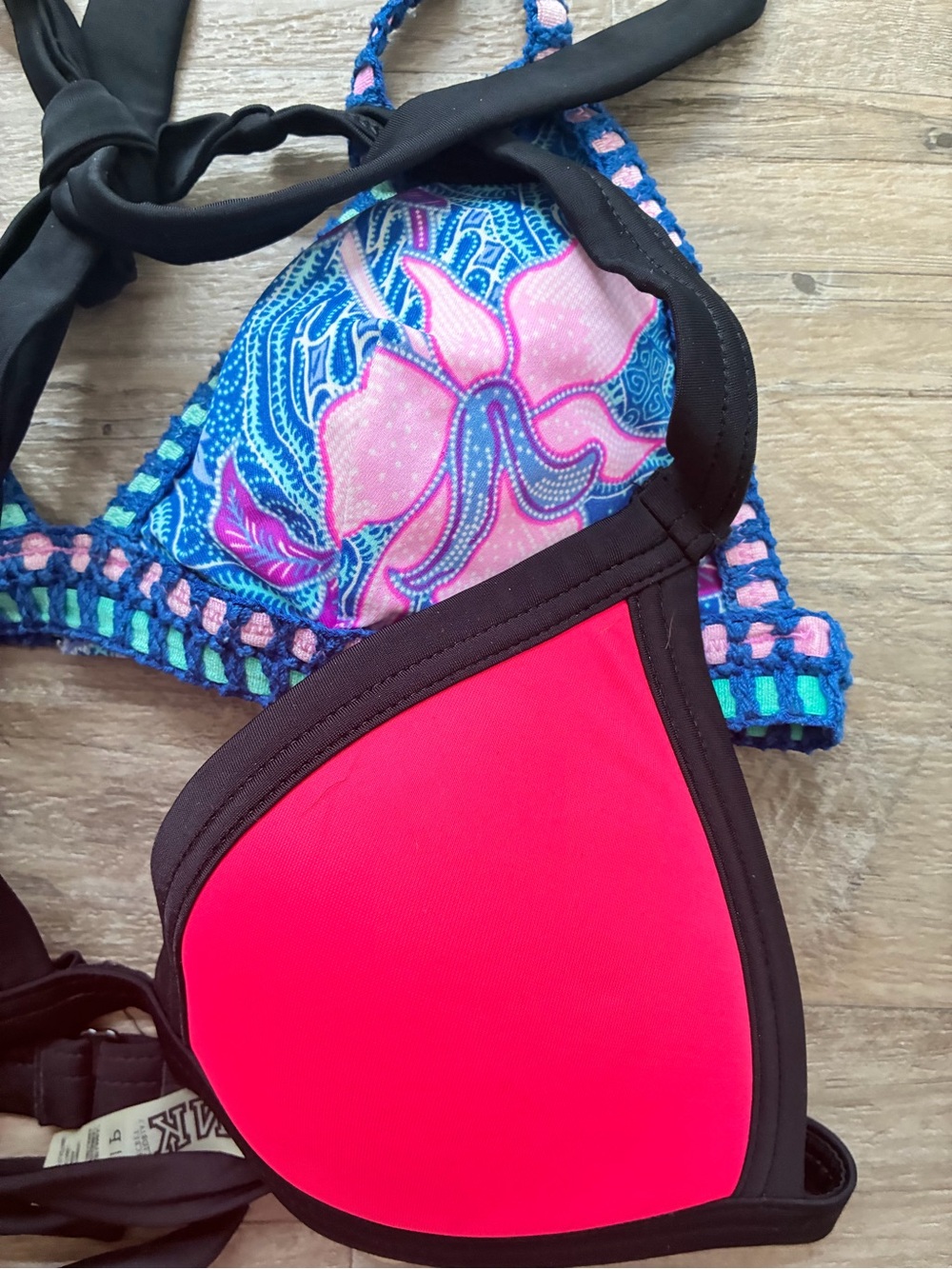 Victoria Secret PINK 2 Strappy Triangle Bikini Swim Tops Crochet Floral Neon - Picture 2 of 12